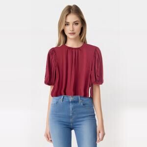 2/$30 SUSANA MONACO Pleated Puff Sleeve Top Size XS Maroon Port New $128 Relaxed